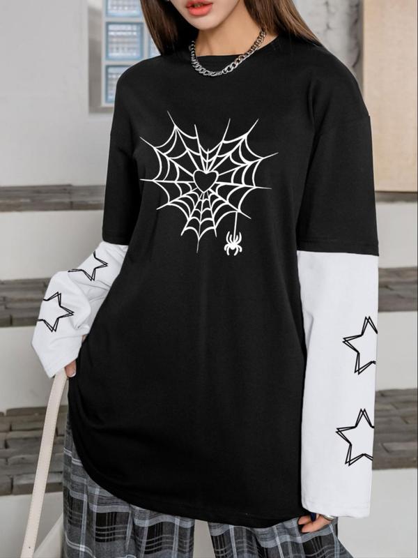 Women's Spider Web & Star Print Colorblock Patchwork 2 IN 1 Tee, Casual Drop Shoulder Long Sleeve Round Neck T-shirt for Spring & Fall, Women's Top for Daily Wear