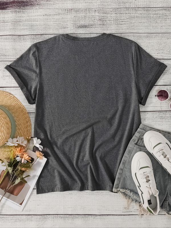  Figure & Letter Print Round Neck Tee, Casual Short Sleeve T-shirt for Summer, Women's Plus Clothing for Daily Wear