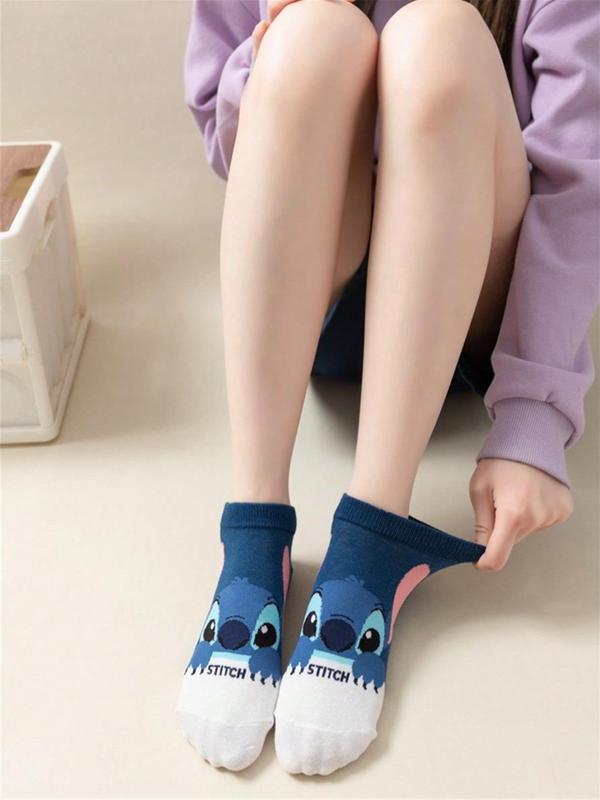 Cartoon Stitch Pattern & Letter Print Ankle Socks, Cute Comfy Breathable Socks for Women, Multipack Knit Crew Socks, Women's Socks & Hosiery