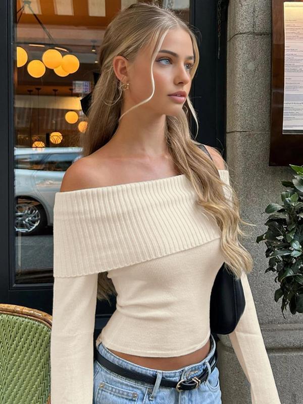 Women's Plain Fold Over Off Shoulder Crop Knit Top, Casual Flounce Sleeve Knitwear for Daily Outdoor Wear, Ladies Clothes for Fall & Winter, Fall Outfits, Fallfreshness