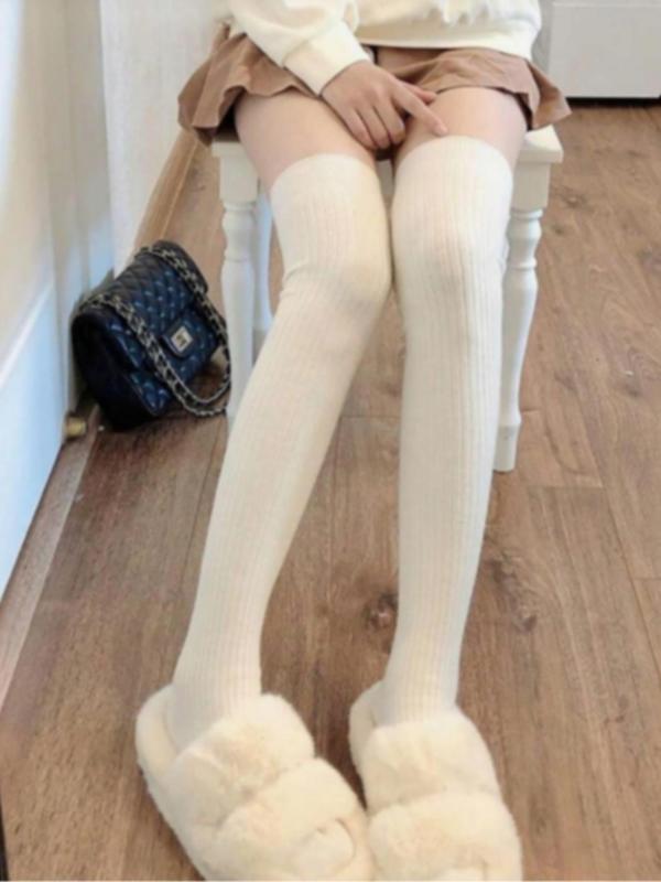 Women's Solid Color Over The Knee Socks, Casual Comfy Warm Knit Style Thigh High Socks for Fall & Winter, Women's Socks for Daily Wear