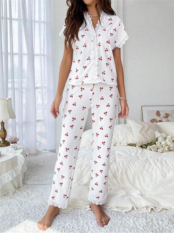 Two-Piece Set Women's Cherry Print Contrast Lace V Neck Pajama Set, Casual Comfy Short Sleeve Tee & Pants PJ Set, Ladies Sleepwear for All Seasons