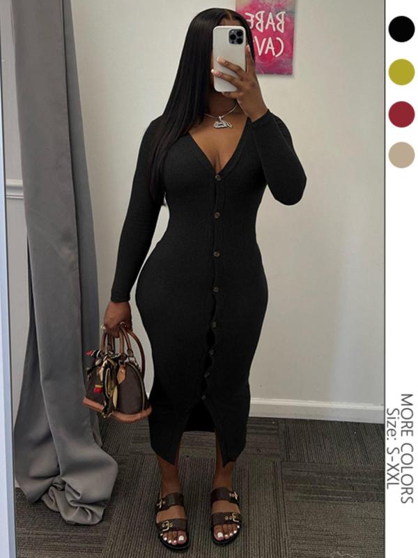 Women's Plain Button Front V Neck Bodycon Dress, Casual Long Sleeve Ribbed Midi Dress for Fall & Winter, Women's Clothing for Daily Wear