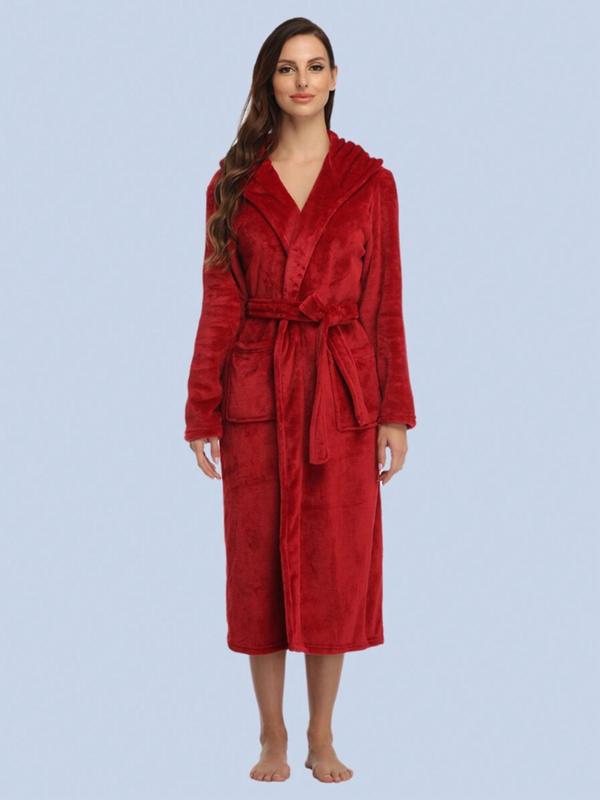 Women's Solid Belted Pocket Hooded Flannel Robe, Casual Long Sleeve Thermal Lined Robe, Women's Sleepwear for Fall & Winter