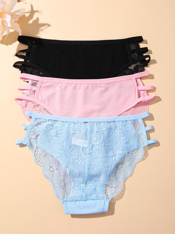 Women's 3pcs Plain Contrast Lace Cut Out Knicker, Soft Comfy Breathable Panty for Daily Wear, Underwear for All Seasons