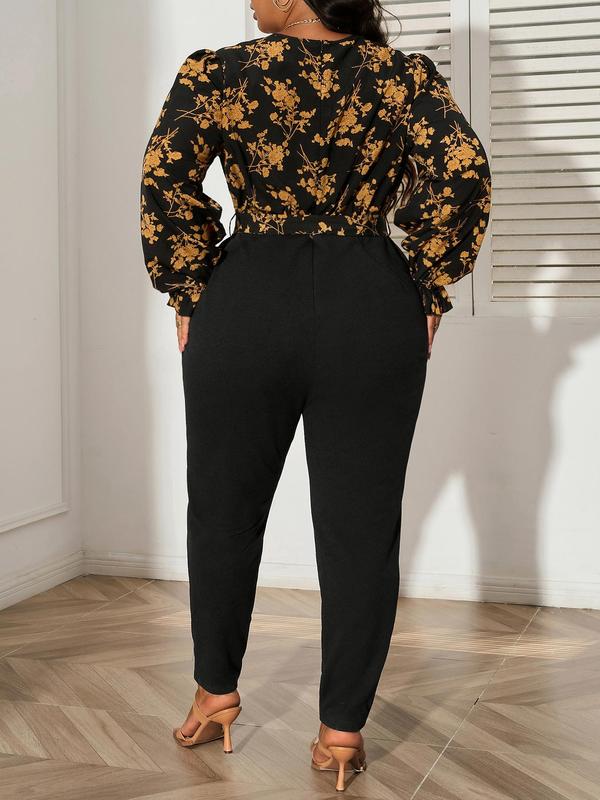 CURVZY Plus Size Floral Patchwork Print Pocket Belted Wrap Jumpsuit, Casual Long Sleeve V Neck Jumpsuit for Fall, Women's Clothes for Daily Wear,Thanksgiving Outfit,Black Friday Haul,Black Out Wednesday Outfits