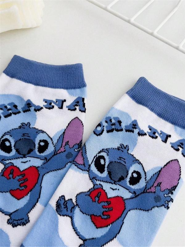 Cartoon Stitch Pattern & Letter Print Ankle Socks, Cute Comfy Breathable Socks for Women, Multipack Knit Crew Socks, Women's Socks & Hosiery