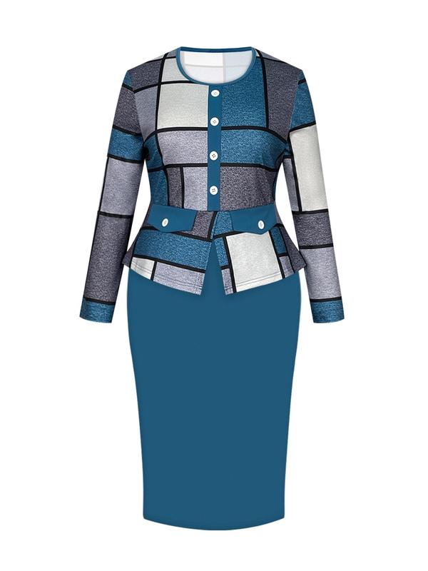  Two-Piece Set Plaid Print Button Split Hem Tee & Plain Skirt, Casual Long Sleeve Round Neck Top & Bodycon Skirt for Daily Wear, Women's Two-piece Outfits for All Seasons