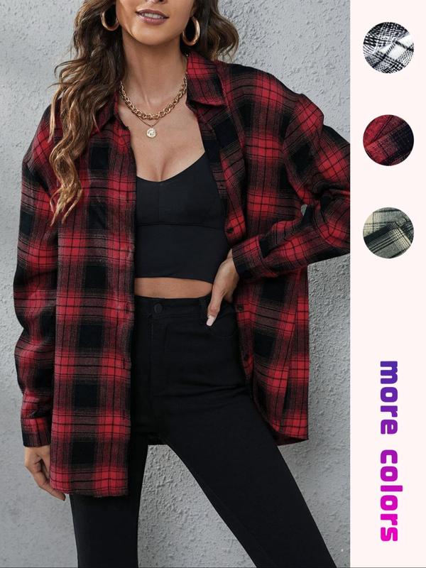 Women's Plaid Print Button Front Drop Shoulder Shirt, Casual Long Sleeve Collared Top for Fall & Winter, Women's Clothes for Daily Wear