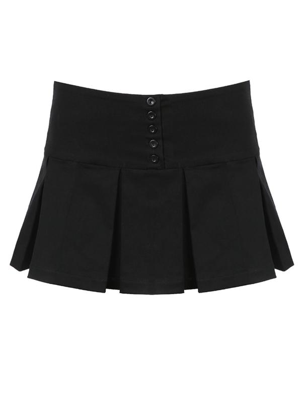 Women's Solid Color Button Pleated Skirt, Casual Fashion Zipper Side Built-In Shorts Skirt for Daily Outdoor Wear, Women's Bottoms for Fall & Winter