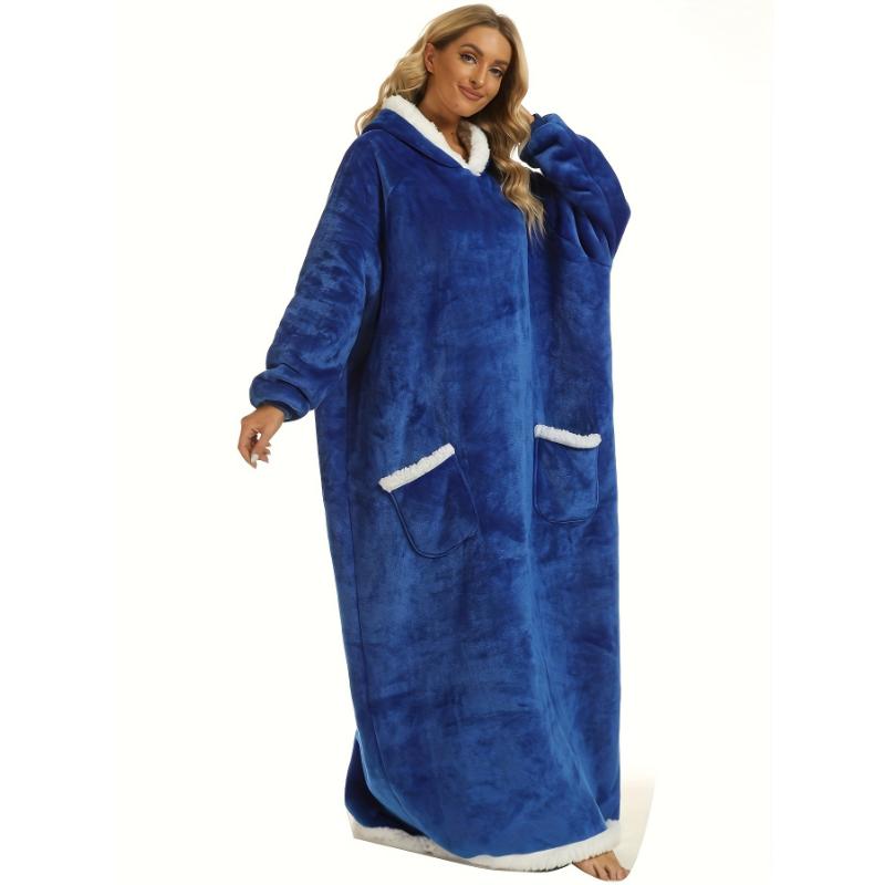 Plus Size Casual Loungewear Robe, Women's Plus Long Sleeve Hooded Flannel Cozy Wearable Blanket With Pockets