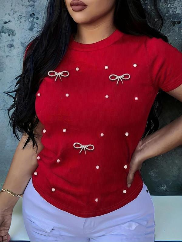 Women's Rhinestone Bow & Faux Pearl Decor Round Neck Tee, Casual Short Sleeve Crew Neck T-shirt for Summer, Fashion Women's Top for Daily Wear