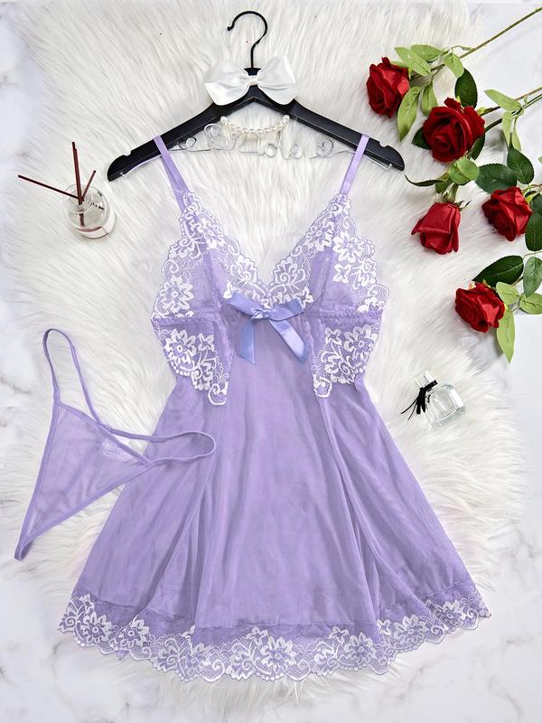 Women's Contrast Floral Lace Bow Decor Cami Nightdress & Thong Sexy Lingerie Set, Adjustable Spaghetti Strap Nightgown & Panty, Ladies Sleepwear Set