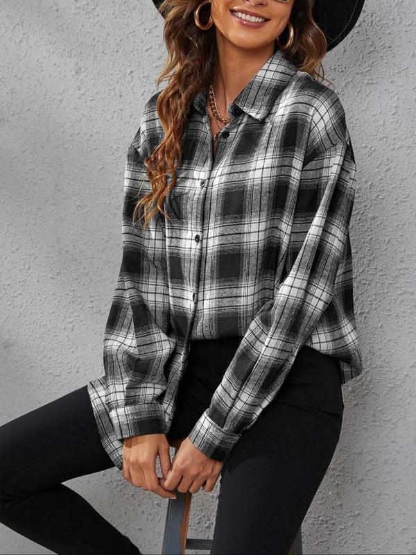 Women's Plaid Print Button Front Drop Shoulder Shirt, Casual Long Sleeve Collared Top for Fall & Winter, Women's Clothes for Daily Wear