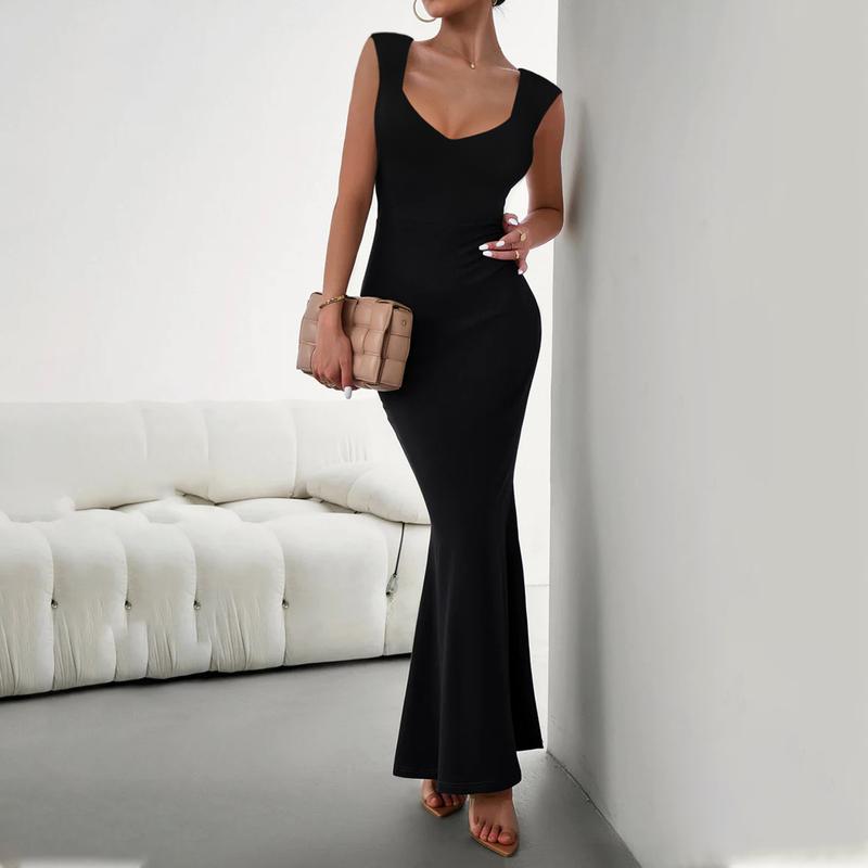 REORIA Women's Sexy Square V Neck Cap Sleeve Elegant Lounge Long Dress Ribbed Bodycon Maxi Dresses Casual Womenswear Light Casual Wear Fabric Jacket