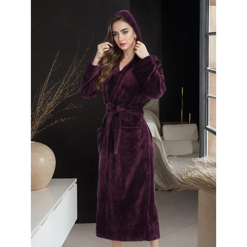 Long Sleeve Solid Fuzzy Hooded Robe With Belt, Women's Sleepwear Night Robe Women's Fabric Womenswear