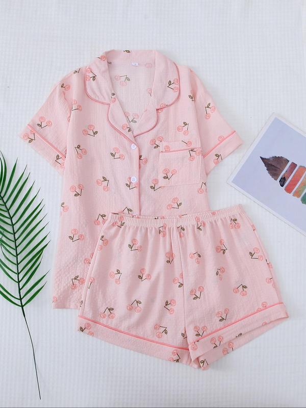 Women's Summer Cherry Print Button Shortsleeve Blouse & Elastic Waist Shorts Breathable Pajama Cute Nightwear Set, Back To School Wear, Summer Clothes Women, Casual Lapel Pocket Top & Shorts PJ Set for Homewear, Plz Purchase A Size Up, 90s Clothes