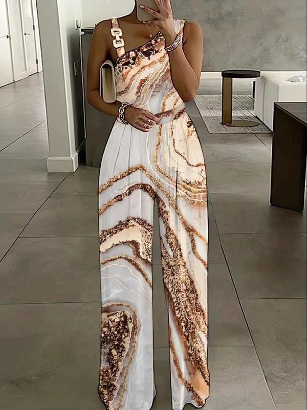 Women's Floral Print Ring Linked Asymmetrical Neck Plicated Jumpsuit, Jumpsuit for Women, Back To School Outfits, Elegant Jumpsuit 2024, Boho Casual High Waist Wide Leg Jumpsuit for Summer, Summer Outfits 2024