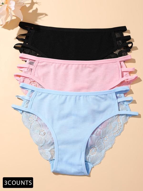 Women's 3pcs Plain Contrast Lace Cut Out Knicker, Soft Comfy Breathable Panty for Daily Wear, Underwear for All Seasons