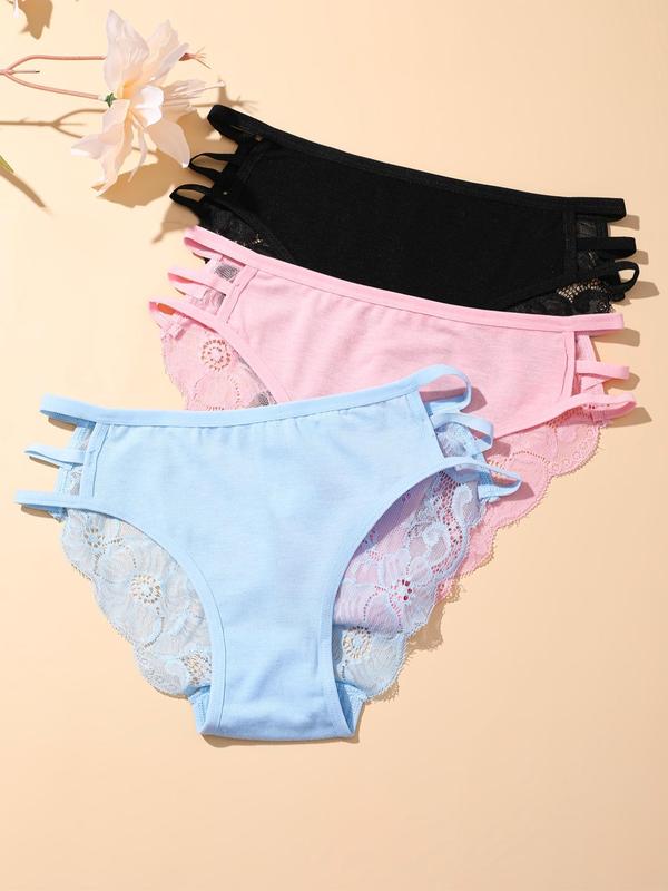 Women's 3pcs Plain Contrast Lace Cut Out Knicker, Soft Comfy Breathable Panty for Daily Wear, Underwear for All Seasons