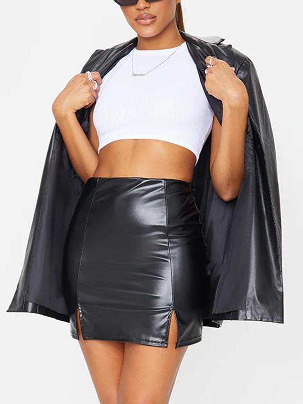 Women's Solid Split High Waist Bodycon Skirt, Elegant Girls Skirt, Fashion PU Leather Mini Skirt for Daily Outdoor Wear, Women's Bottoms for Spring Fall