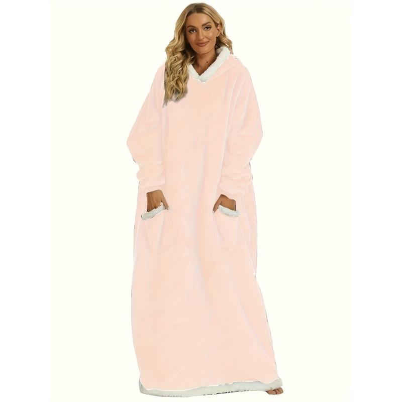 Plus Size Casual Loungewear Robe, Women's Plus Long Sleeve Hooded Flannel Cozy Wearable Blanket With Pockets