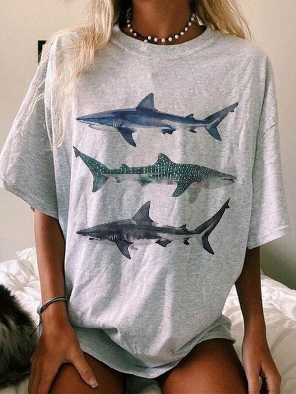 Women's Shark Print Drop Shoulder Tee, Casual Cute Half Sleeve Round Neck T-shirt for Summer, Ladies Top for Daily Wear, 90s Clothes