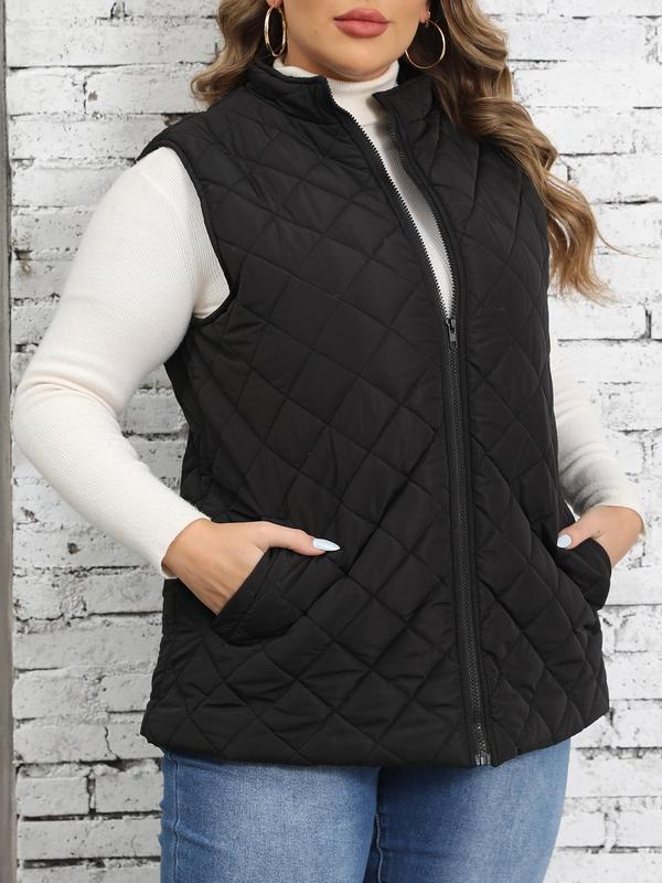  Solid Color Quilted Zip Up Pocket Vest Jacket, Casual Stand Collar Sleeveless Outerwear for Fall & Winter, Women's Clothes for Daily Wear