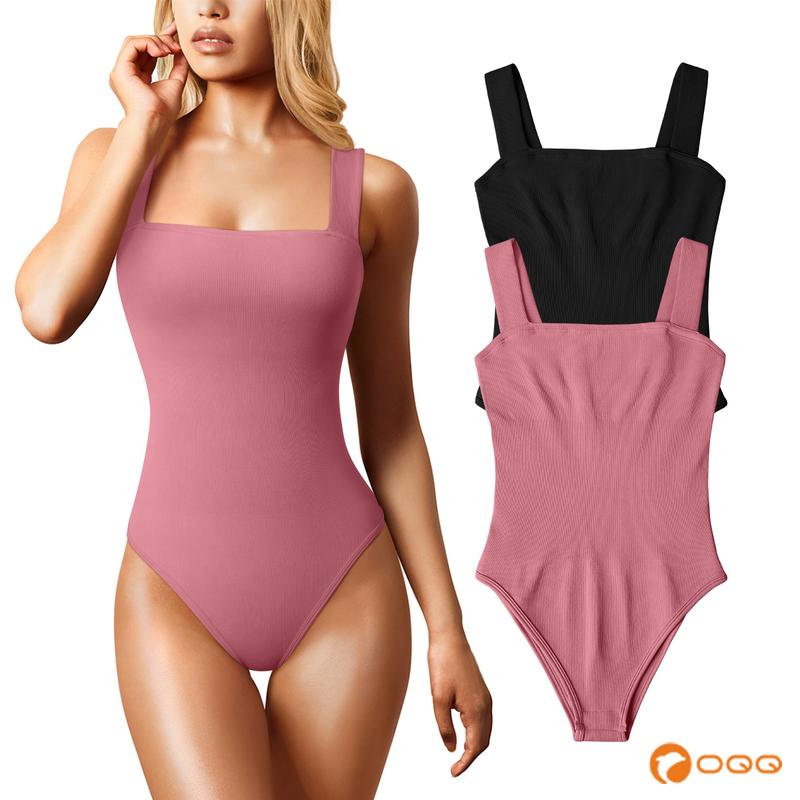 OQQ Womens 2 Piece Sexy Comfort Square Neck Strap Sleeveless Strappy Casual Backless Lady Basic Bodysuits With Snap Womenswear Underwear Minimalist