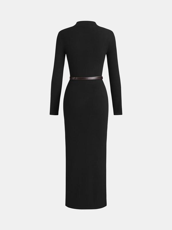 YOZY Christmas Deals, Women's Solid Ribbed Belted Split Thigh Dress, Elegant Long Sleeve Stand Collar Maxi Dress for Party Holiday Wedding Guest, Ladies Fall & Winter Clothes, Christmas 2024 Trend, Fall & Winter Clothes