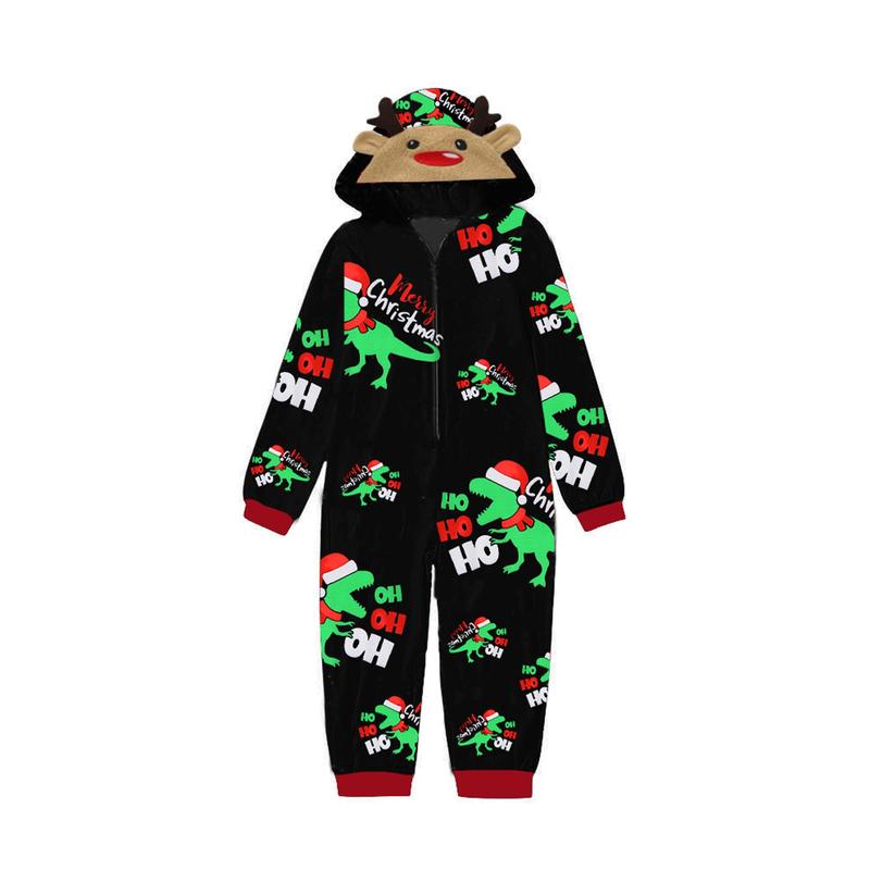 Black Green Christmas Family Matching Jumpsuit, Long Sleeve Hooded Dinosaur Print Zipper Closure Loungewear