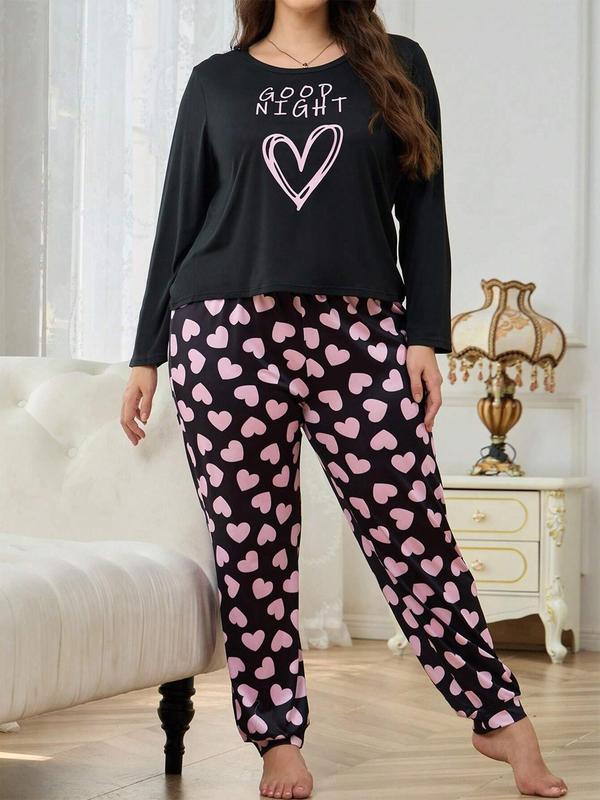  Two-piece Set Heart & Letter Print Pyjama, Casual Comfy Round Neck Long Sleeve Top & Pants PJ Set, Women's Sleepwear for All Seasons