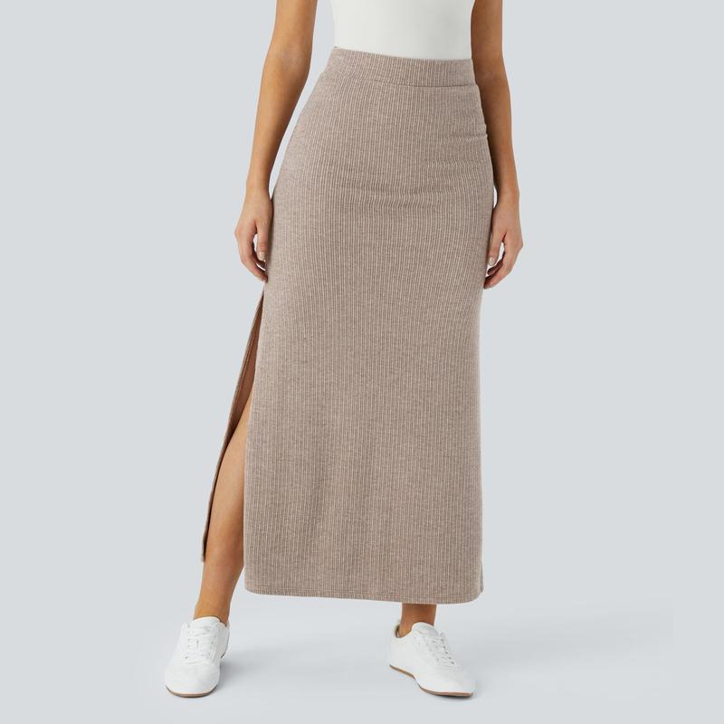 Halara Ribbed High Waisted Split Hem A Line Maxi Casual Skirt