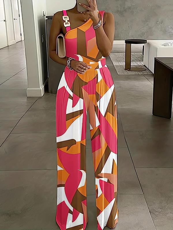 Women's Floral Print Ring Linked Asymmetrical Neck Plicated Jumpsuit, Jumpsuit for Women, Back To School Outfits, Elegant Jumpsuit 2024, Boho Casual High Waist Wide Leg Jumpsuit for Summer, Summer Outfits 2024