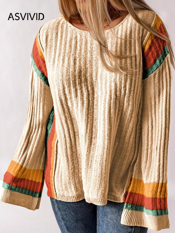  Colorblock Striped Print Drop Shoulder Sweater, Casual Long Sleeve Round Neck Jumper for Fall & Winter, Women's Plus Clothing for Daily Wear