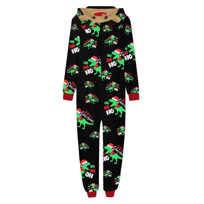 Black Green Christmas Family Matching Jumpsuit, Long Sleeve Hooded Dinosaur Print Zipper Closure Loungewear