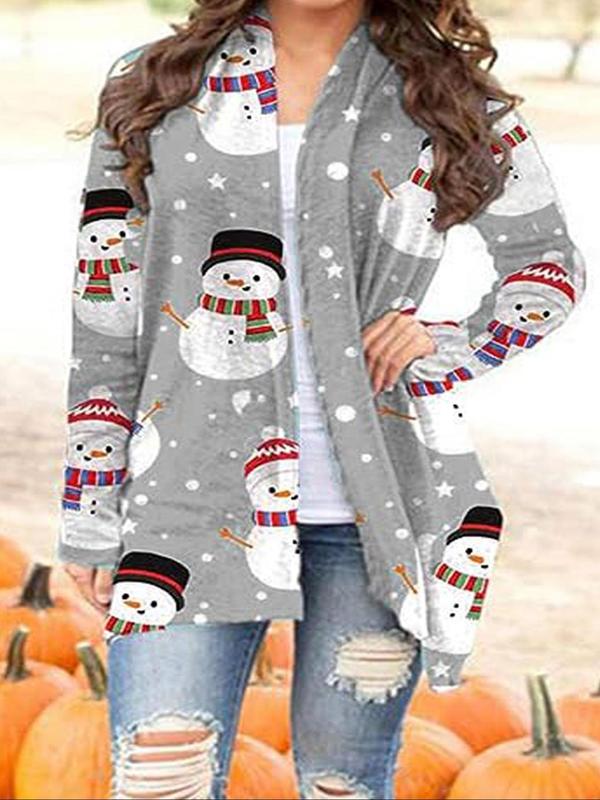  Snowman Print Open Front Coat, Casual Long Sleeve Outerwear for Fall & Winter, Women's Clothes for Daily Wear