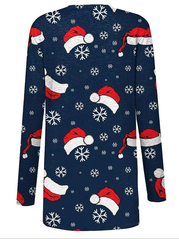  Snowman Print Open Front Coat, Casual Long Sleeve Outerwear for Fall & Winter, Women's Clothes for Daily Wear