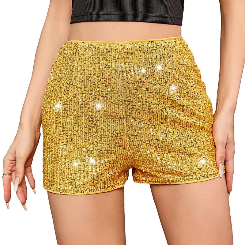 Women's Summer Sequins Shorts Mid Waist Elastic Band Sparkly Straight Leg Shorts Glitter Hot Pants for Party