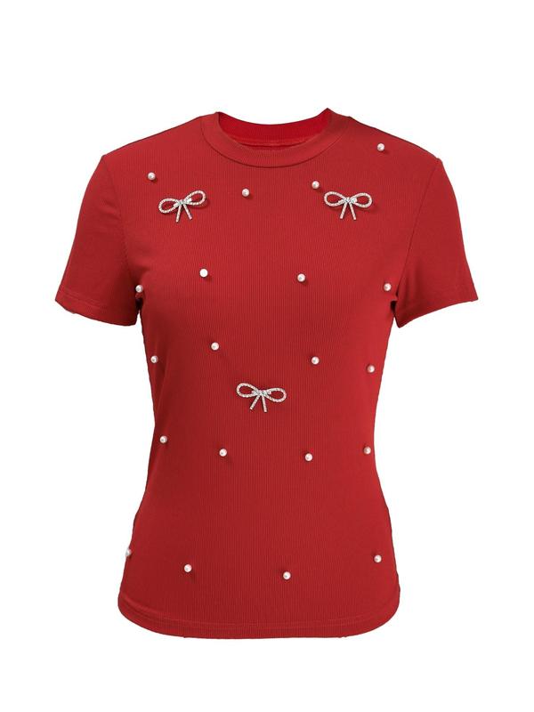 Women's Rhinestone Bow & Faux Pearl Decor Round Neck Tee, Casual Short Sleeve Crew Neck T-shirt for Summer, Fashion Women's Top for Daily Wear