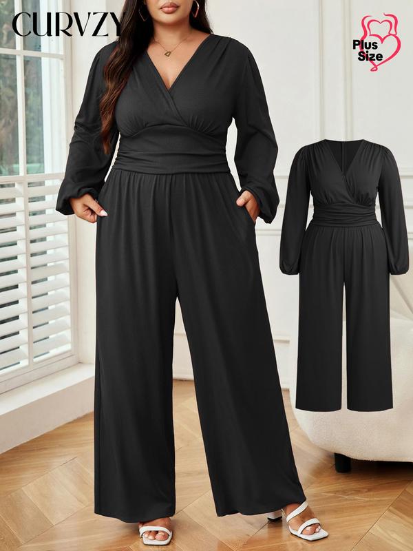 CURVZY Christmas Deals, Plus Size Solid Ruched Wrap V Neck Jumpsuit, Elegant Bishop Sleeve Jumpsuit for Party Holiday Wedding Guest, Women's Clothes for Autumn & Winter, Christmas 2024 Trend, Fall & Winter Clothes