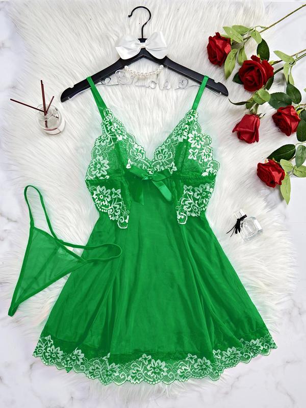 Women's Contrast Floral Lace Bow Decor Cami Nightdress & Thong Sexy Lingerie Set, Adjustable Spaghetti Strap Nightgown & Panty, Ladies Sleepwear Set