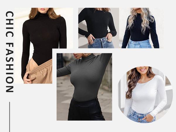 FeelinGirl Women's Scoop Neck Long Sleeve Thong Body Suit Soft Body-Hugging Going Out Tops Basic  Comfortable Womenswear Fashion Spandex Bodysuits Button Bodysuits Button Lady