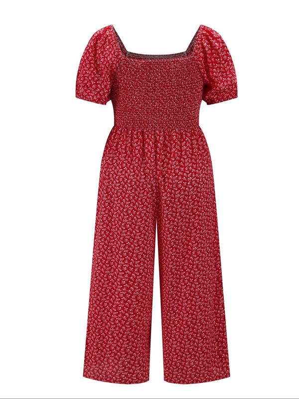  Ditsy Floral Print Shirred Vintage Jumpsuit, Boho Fashion Puff Sleeve Square Neck Jumpsuit for Daily Vacation Wear, Feminine One-Piece Outfits, Jumpsuits for Women, Women Plus Clothing for Summer