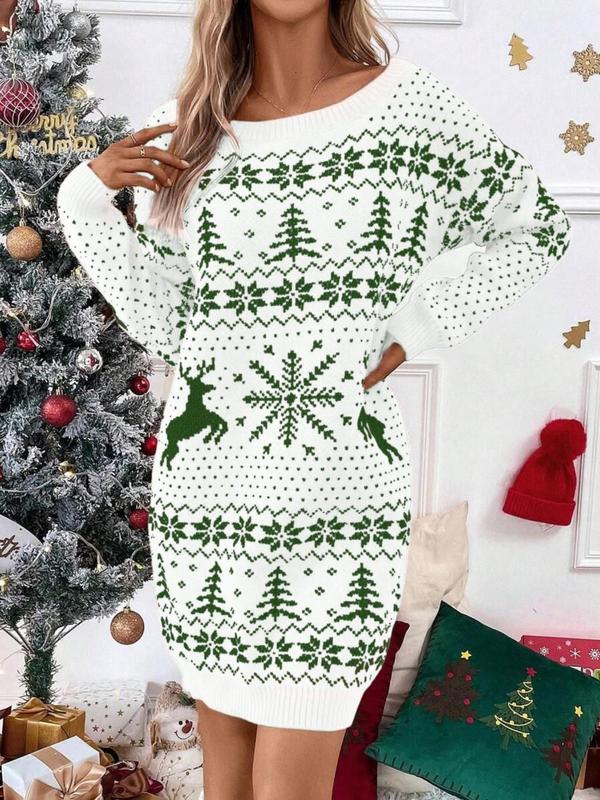 Christmas Deals Women's Christmas Print Round Neck Bodycon Sweater Dress, Casual Long Sleeve Crew Neck Knit Dress for Party Holiday Vacation, Women Crewneck Knitwear Christmas 2024 Trend, Fall & Winter Outfits