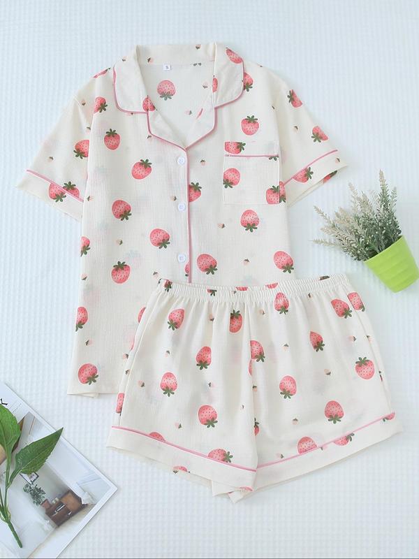 Women's Summer Cherry Print Button Shortsleeve Blouse & Elastic Waist Shorts Breathable Pajama Cute Nightwear Set, Back To School Wear, Summer Clothes Women, Casual Lapel Pocket Top & Shorts PJ Set for Homewear, Plz Purchase A Size Up, 90s Clothes