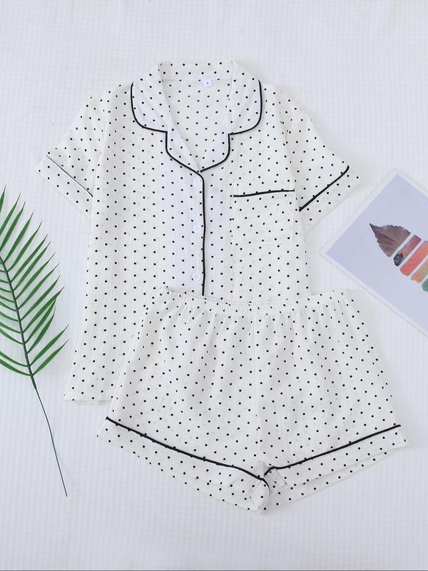 Women's Summer Cherry Print Button Shortsleeve Blouse & Elastic Waist Shorts Breathable Pajama Cute Nightwear Set, Back To School Wear, Summer Clothes Women, Casual Lapel Pocket Top & Shorts PJ Set for Homewear, Plz Purchase A Size Up, 90s Clothes