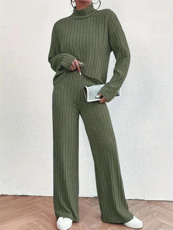 Two-piece Set Women's Solid Ribbed Drop Shoulder Top & Elastic Waist Pants, Casual Fashion Cozy Co-ord Set for Daily Outdoor Wear, Women Clothes for Fall & Winter