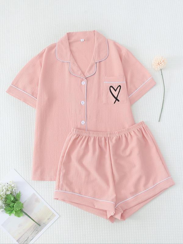 Women's Summer Cherry Print Button Shortsleeve Blouse & Elastic Waist Shorts Breathable Pajama Cute Nightwear Set, Back To School Wear, Summer Clothes Women, Casual Lapel Pocket Top & Shorts PJ Set for Homewear, Plz Purchase A Size Up, 90s Clothes