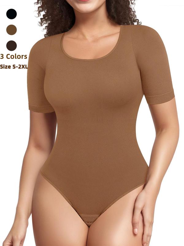 Women's Solid U Neck Hook and Eye Shapewear Bodysuit, Tummy Control Bodysuit, Lady's Comfort Basic Minimalist Womenswear for Daily Wear, Womenswear for All Seasons